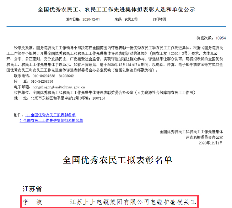 必发电缆员工李波荣获“天下优异农民工”称呼